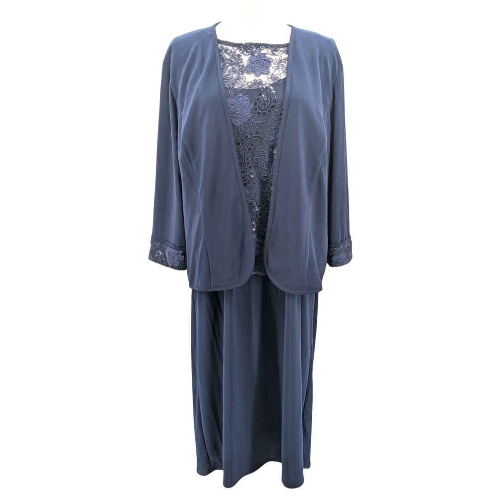 Lace‎ Overlay Jacket Dress Set Navy Blue Sequin Embroidered Formal Size 16